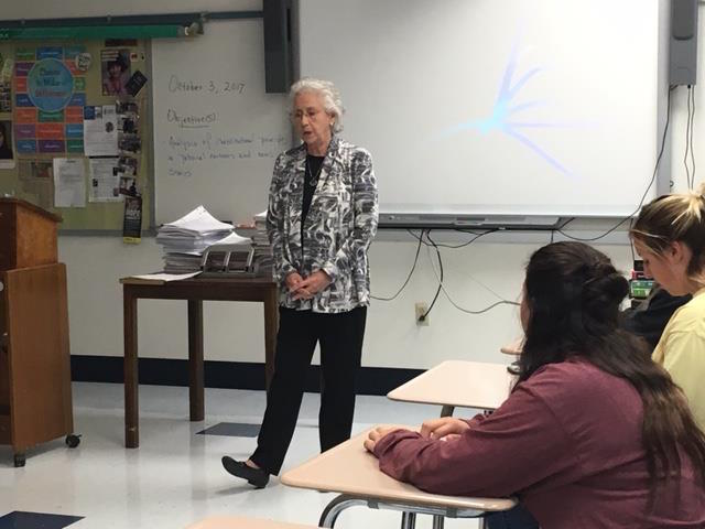 Author of Chocolate, The Taste of Freedom Maud Dahme speaking to Mrs. Rokosny’s class. (Photo Courtesy of Debra Rokosny)
