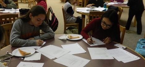 Sophomores Rachel Bach and Sophie Dorman wrote letters for the Write for Rights campaign. (Photo by Aaliyah Khan)
