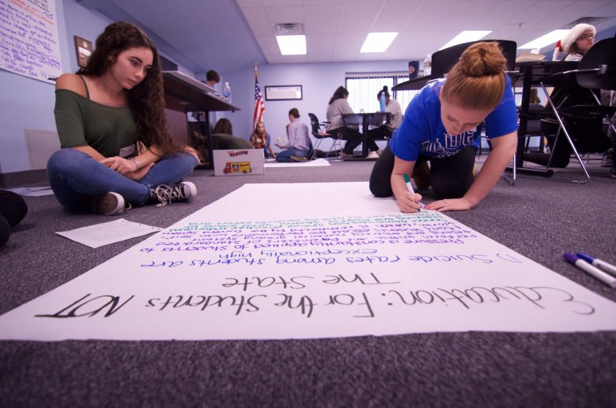 Junior Kirsten Dorman (left) and Senior Hailey Spinks (right) put to paper their collaborative ideas about an issue. 
(Photo courtesy of Mr. Keven Horn)
