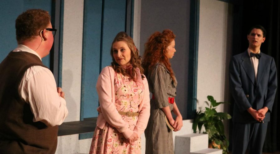 
Brian Quigley, Emma Kaiven, Lianna Johnson and Cody Jackson in the Spring Musical, How to Succeed in Business Without Really Trying. (Photo courtesy of Richard Patricia) 
