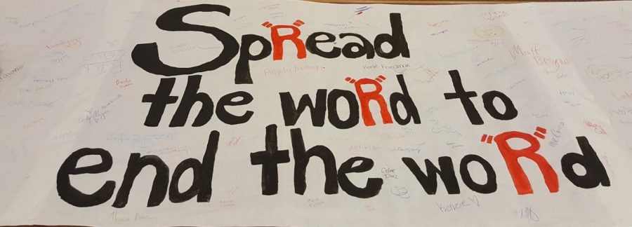 Students who were at the showcase signed a banner, pledging to stop the use of the R-word. (Photo courtesy of Toni Manfra)

