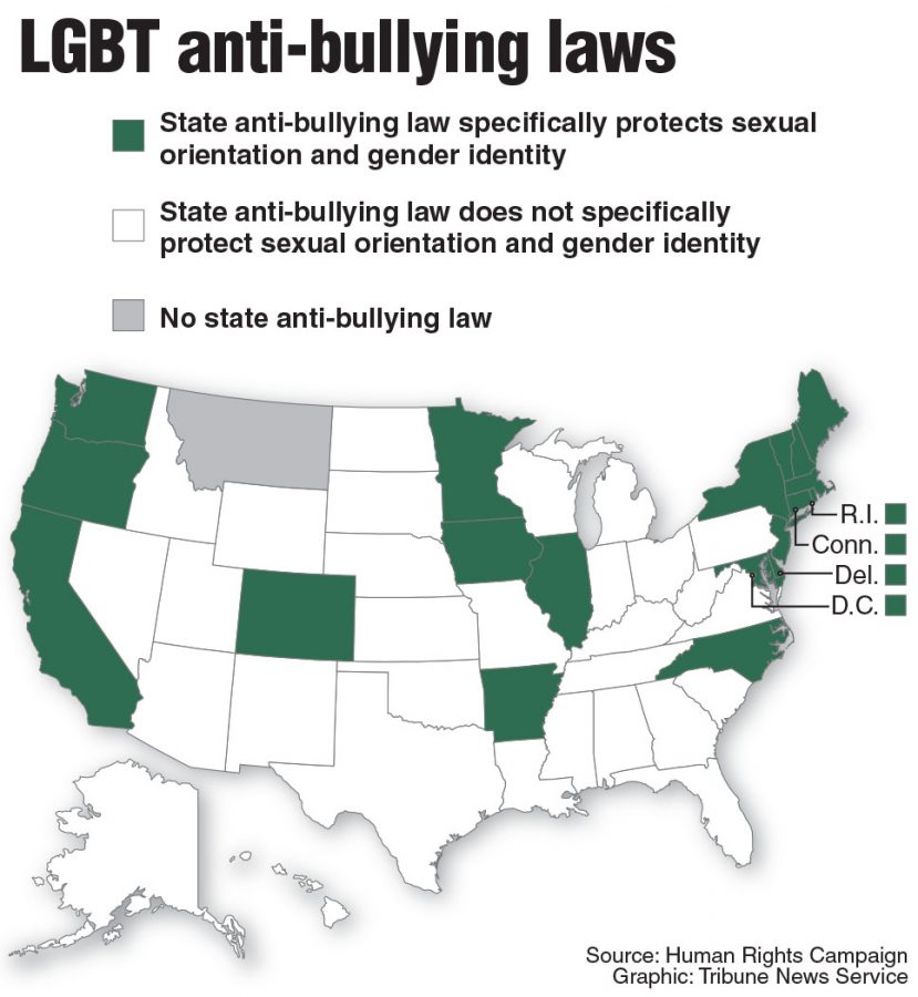 Map of states with laws protecting LGBT students from harassment. Tribune News Service 2015
