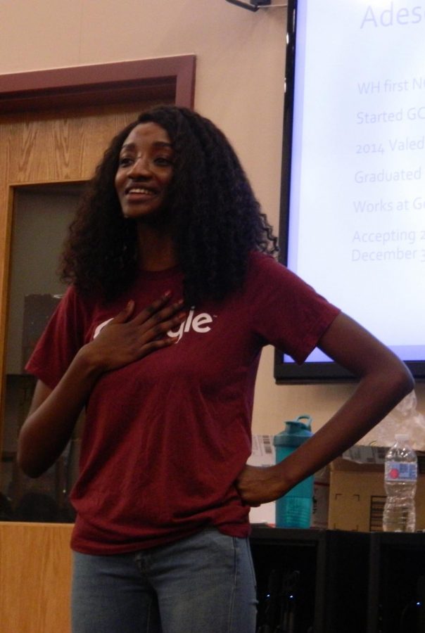Adesola Sanusi, the program’s founder, speaks to participants and their parents about pursuing her passions through Computer Science. (Photo by Kirsten Dorman)