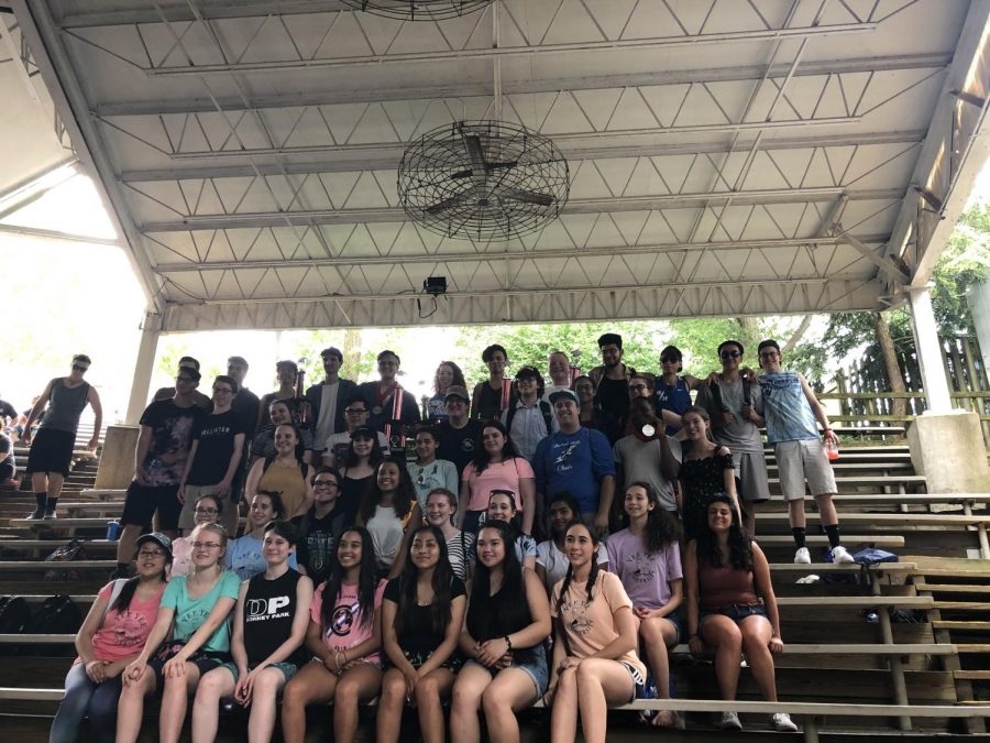 Senior Jazz Band, Concert Band, Concert Choir, and Select Choir students smile at their visit to Hershey Park on Friday, May 17th for the annual Music in the Parks festival. Warren Hills ranked high with Jazz Band, Concert Band, and Select Choir receiving first place and Concert Choir getting second in their respective divisions. Jaquon Cooper (third row, second from right) won a Choir Soloist award and Santino Flora (top row, fifth from left) won a Jazz Band Soloist award. “I think we really owe our success in these programs to our advisors.  They inspire us to improve as performers, but also to work hard and better ourselves as people.  My experience in Select Choir is something I’ll look back on after high school incredibly fondly.” Kirsten Dorman said. 
