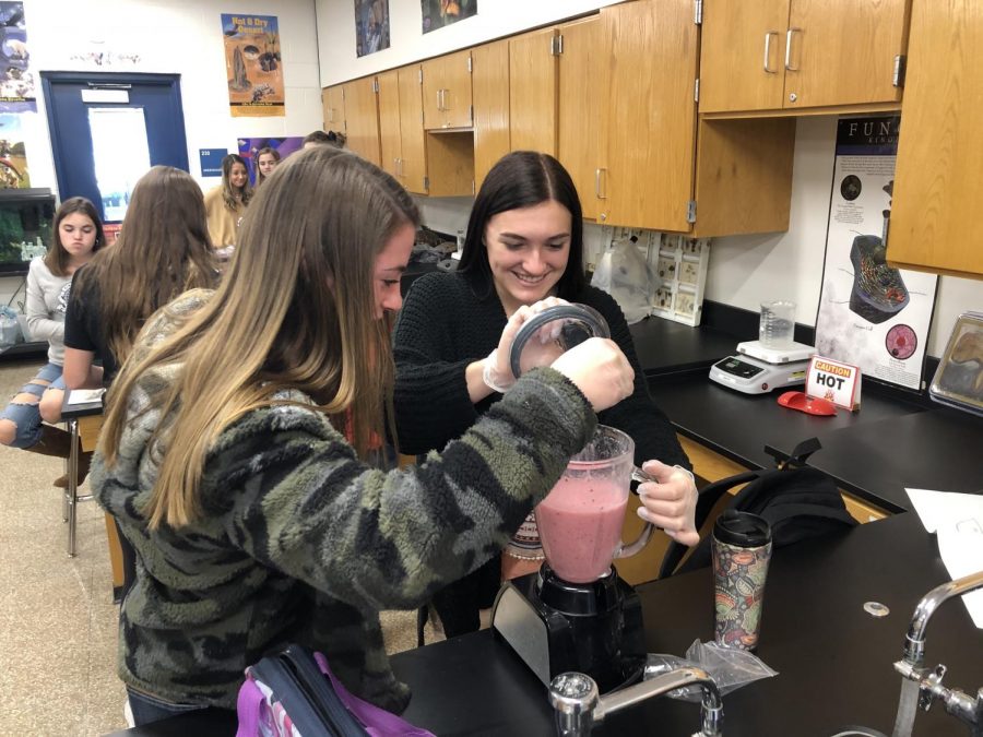 Mrs. Elizabeth Meehan’s CP Biology classes presented smoothies in a biochemistry unit competition in mid-November.  Student groups had been assigned a target market that included people with Type 1 Diabetes, Kidney Disease, or Crohn’s Disease. The objective was for the students to create smoothies with nutritional elements beneficial for the particular disease and have the smoothie still taste good. “The benefits I hope students will gain include learning content in a more meaningful way and the development of skills that are recognized as crucial for success beyond high school,” Meehan said. “Students are also able to learn beyond the textbook by exploring different health issues and the relevance of biological macromolecules to their own nutritional needs.” Judges for Meehan’s Block G class were Principal Christopher Kavcak, Mrs. Emily Kablis, and Mrs. Lolita Trifiletti. Pictured are some of Mrs. Meehan’s Block G students concocting and presenting their special drinks. The winners for Block G were a tie between sophomores Sydney Adetula, Erin Carroll, and Nicolette Costa’s Pink Drink and freshmen Emma Smith, Hailey Ott, and Hailey Anderson’s Hail Emma. The prize was a one-time use 5-point pass to be used for a Marking Period 2 assignment. (Photo by Aidan McHenry)
