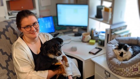 During the COVID-19 lockdown, Megan was able to continue working for Cherrybrook from home, alongside her dog, Rory, a mini Australian Shepherd, and Pusschief, a barn cat, whom Megan says is a great mouser.  (Photo courtesy of Megan McGaha)
