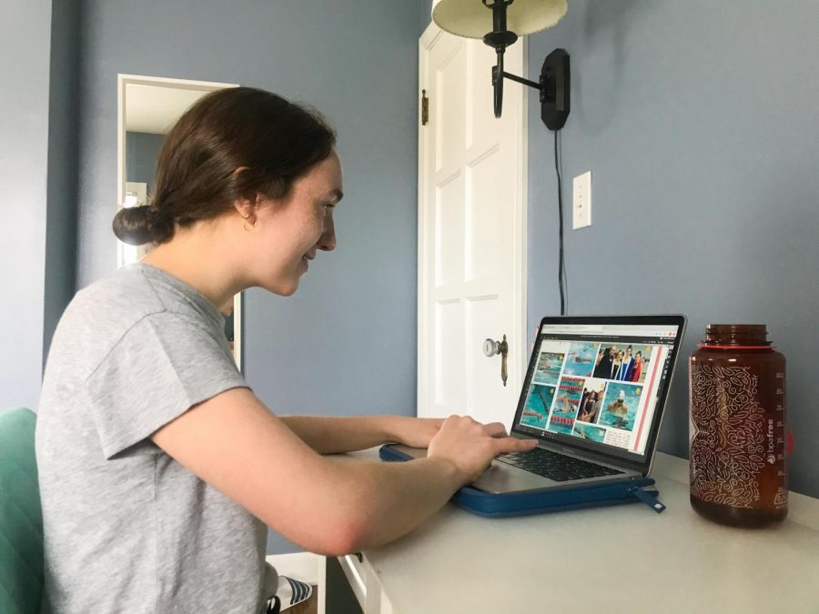 Eimear McCann, a Bexley High School junior who is one of four executive editors for the yearbook staff, works on a spread from home. (Photo courtesy of Ailbhe McCann) 

