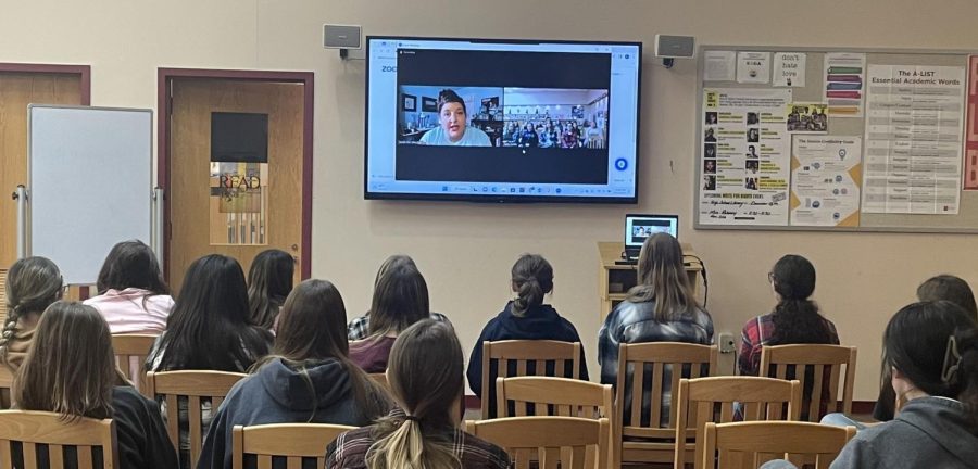 Two dozen Warren Hills FFA students listen to guest speaker Jackie Nix, author and animal nutritionist, during an internet hookup in the school library about agriculture-related education and work opportunities. (Photo by Alana Padilla)