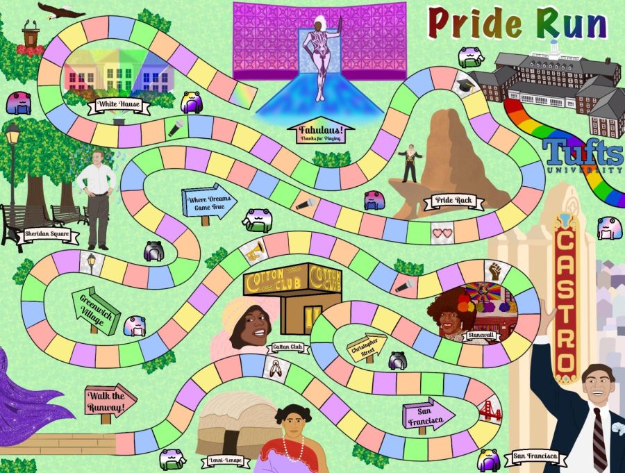 SAGA and Visual Arts students created the board game “Pride Run” to take players through LGBTQ+ history and reinforce the idea that queer people have always been making impacts in American society.  (Graphic by Bailey E. Asbury)
