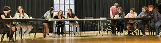 The cast of 12 Angry Jurors is hard at work during one of the after-school rehearsals in October. (Photo courtesy of Nicole Labrit-Petrewski.)
